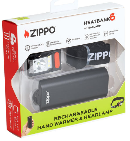 Angled packaging image of ˫ Black HeatBank® 6 Rechargeable Hand Warmer and Headlamp Gift Set.